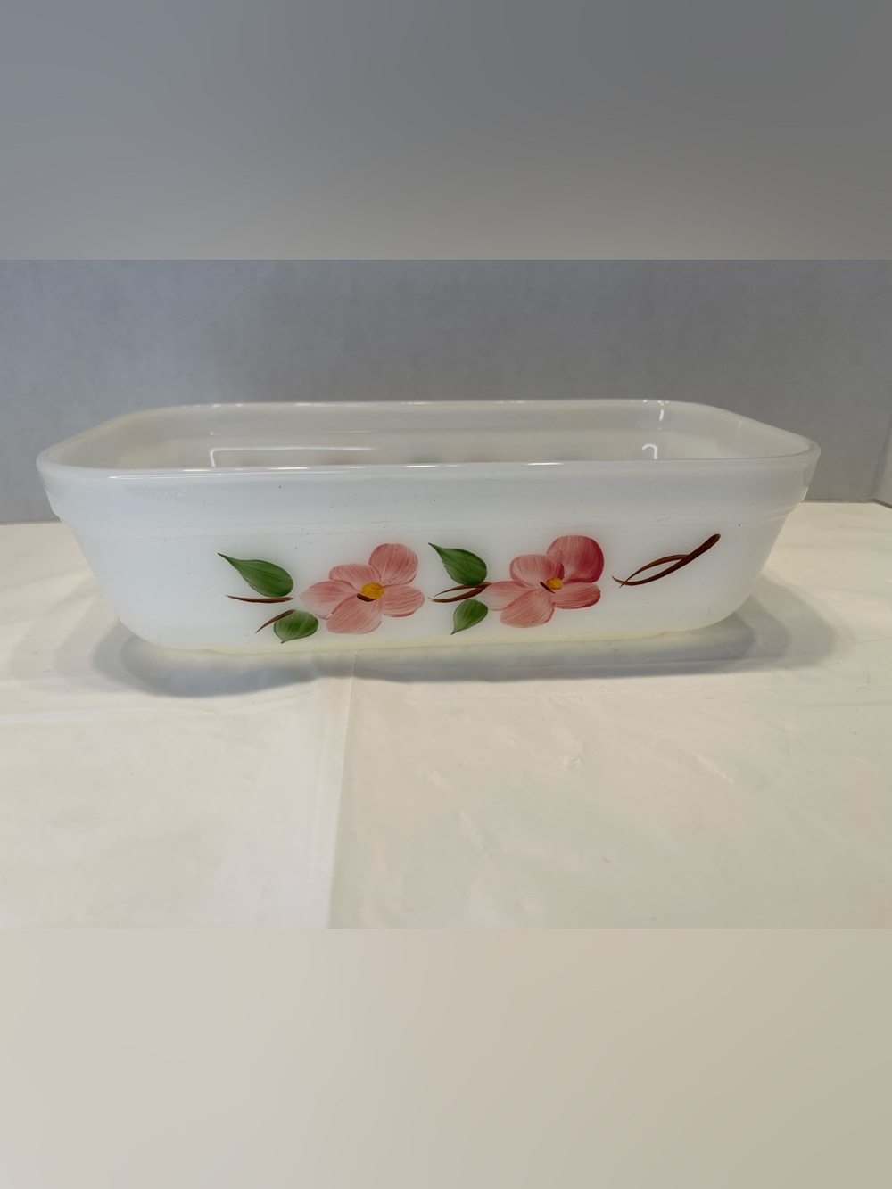 Fire King White Glass Loaf Dish -Milk Glass Peach Blissom